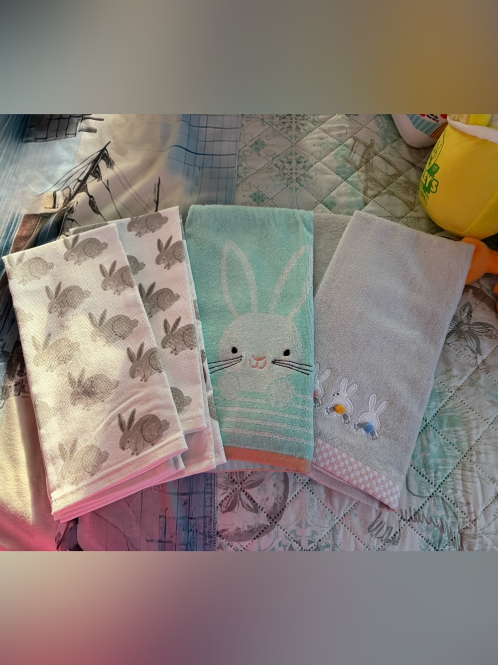 Set of 4 Mint & Gray Bunny Cotton Hand Towels